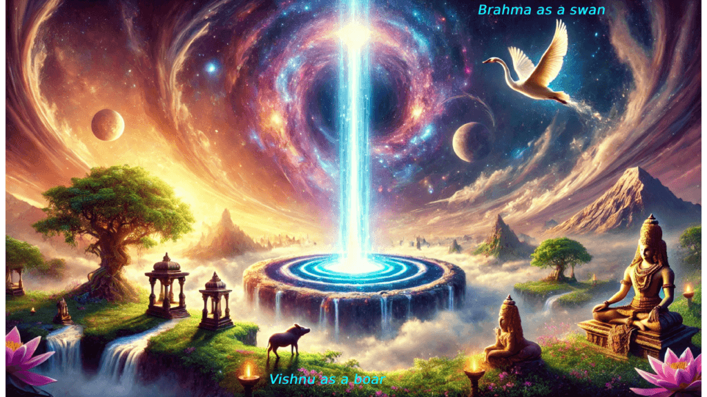 Infinite pillar of light with Brahma as a swan and Vishnu as a boar, symbolizing their search for the limits of the radiant beam.