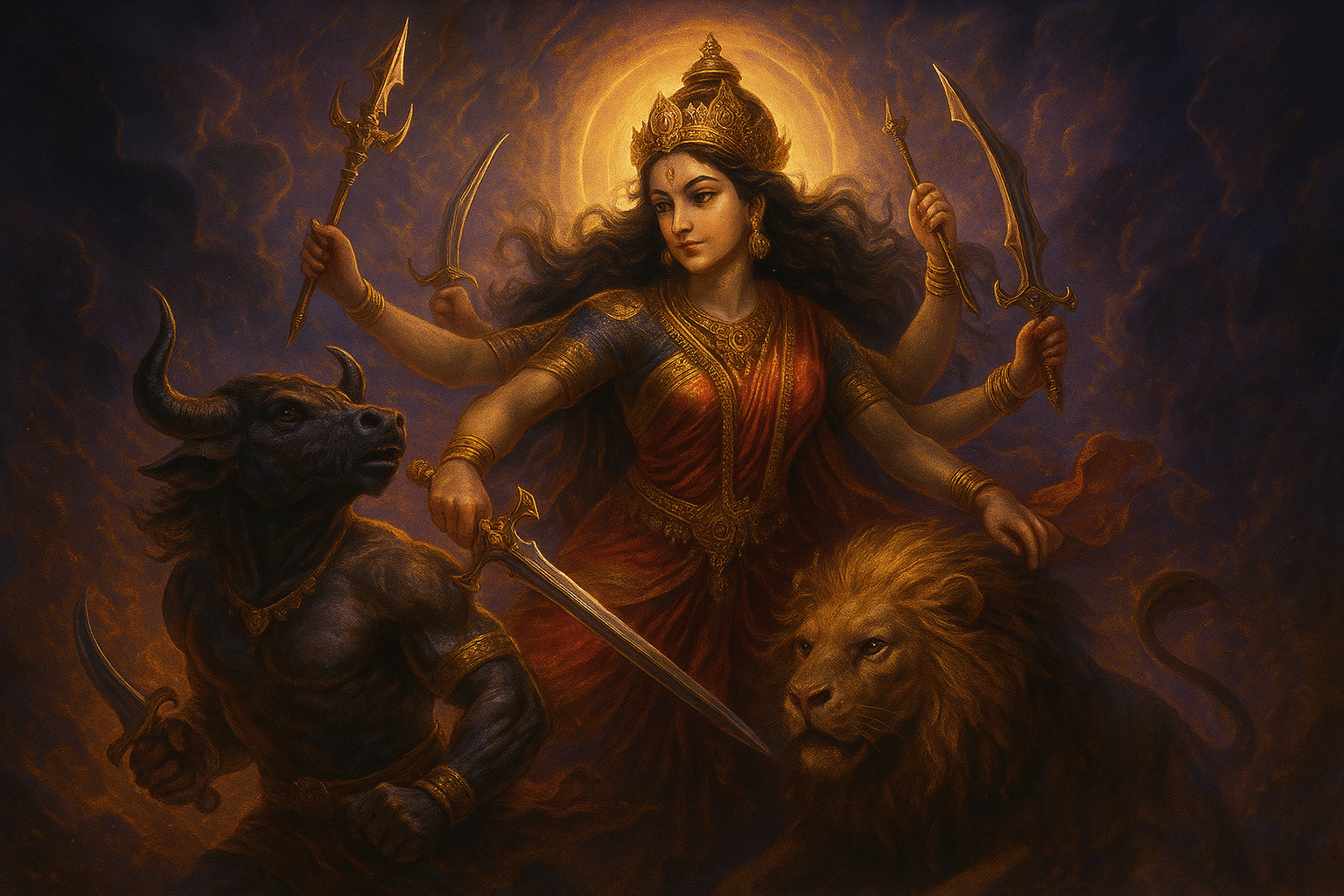 Digital artwork of Goddess Durga fighting Mahishasura, with multiple arms holding weapons, riding a lion, surrounded by celestial light and clouds in a dreamy, mystical style.