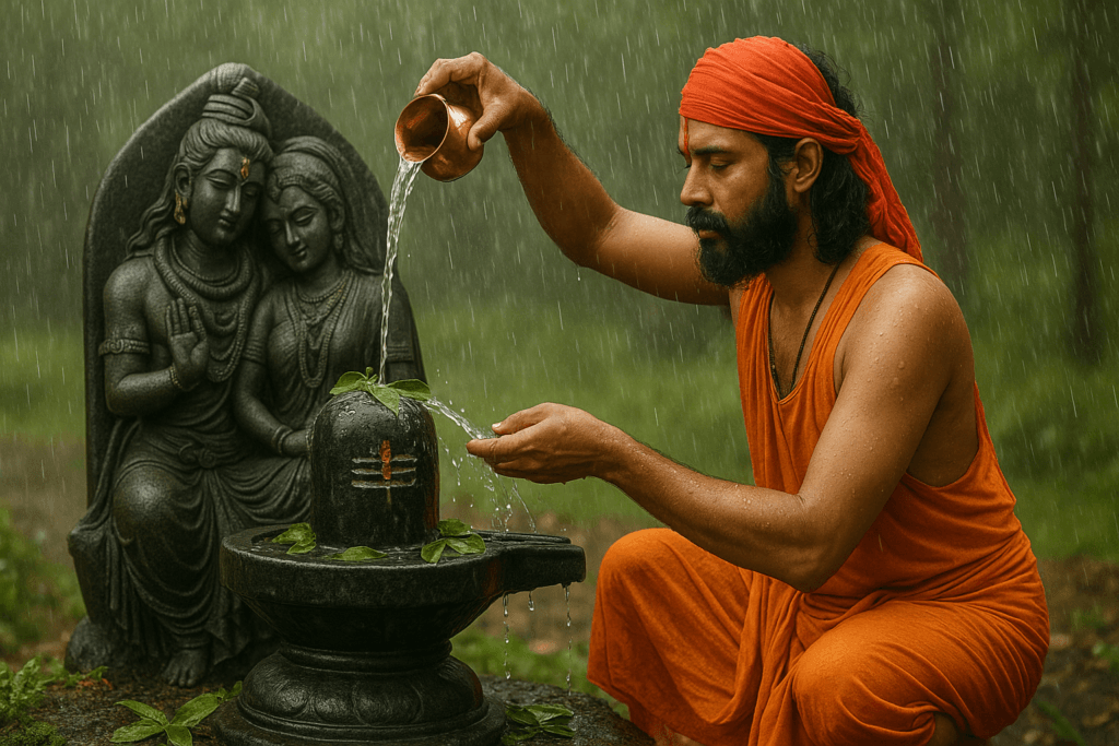Devotee performing Jal Abhishek on Shivling during Savan Somvar Vrat.