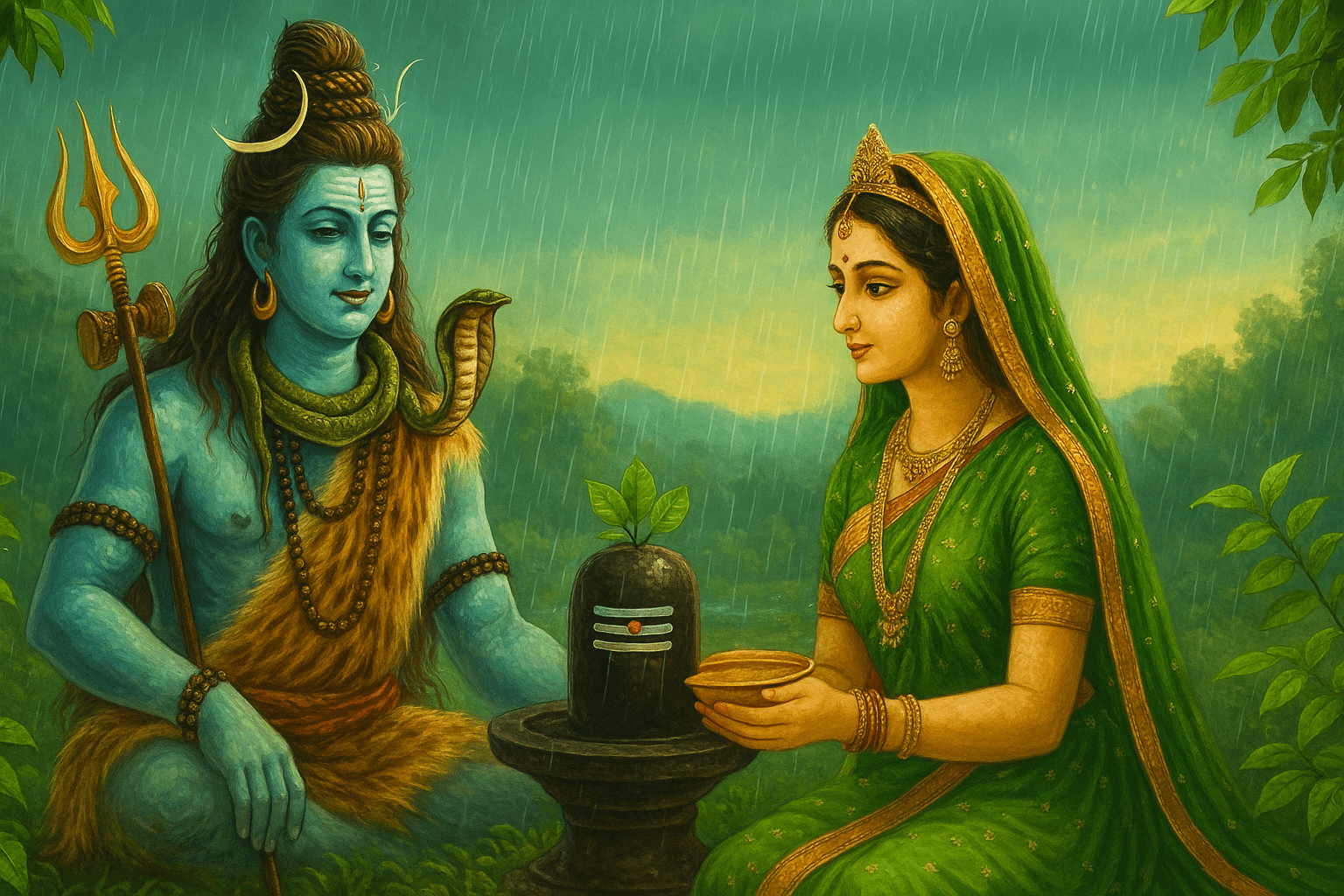 Lord Shiva and Goddess Parvati in a lush green landscape with sacred rain and Bel Patra during Savan