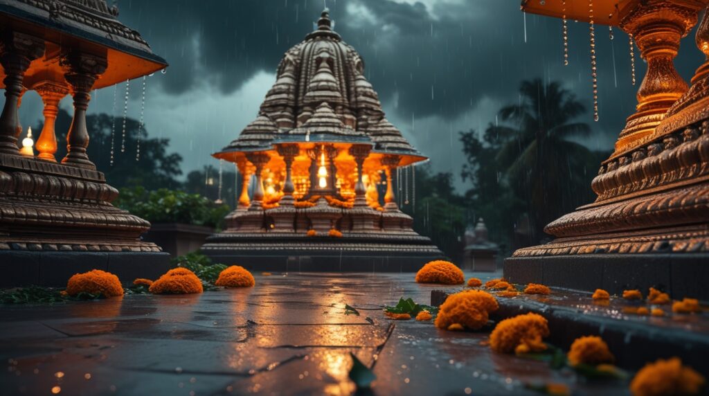 Rainy season and temple decorations in the month of Shravan.