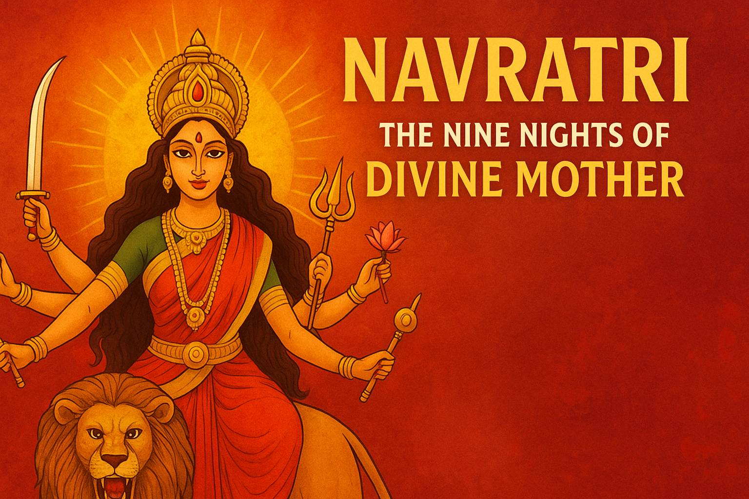 A vibrant digital illustration of Goddess Durga with her lion, celebrating Navratri with diyas, lotus flowers, and a festive background.
