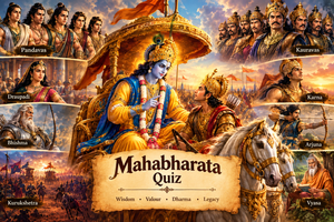 Mahabharata Quiz featuring Lord Krishna and Arjuna on the Kurukshetra battlefield, with Pandavas, Kauravas, Draupadi, Bhishma, Karna and Sage Vyasa